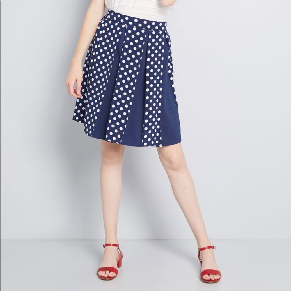 ModCloth polka dot navy A-line pleats skirt